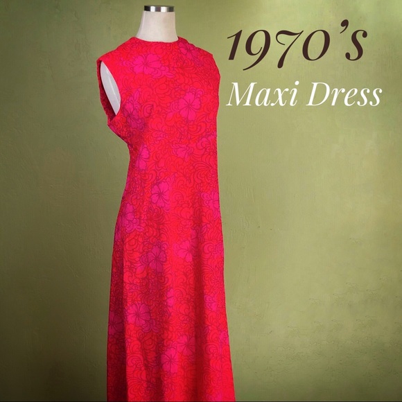 Vintage Dresses & Skirts - VINTAGE Hot Pink & Red 1970's Hawaiian Maxi Dress